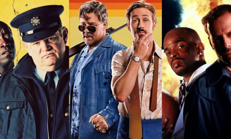 Split image of main characters from The Guard, The Nice Guys and The Last Boy Scout