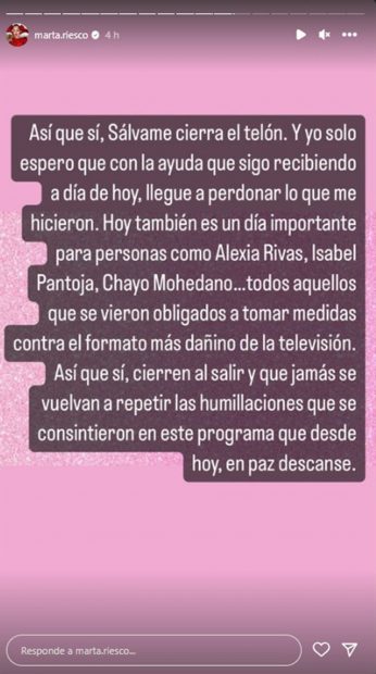 Storie de Marta Riesco hablando sobre 'Sálvame'. / Telecinco