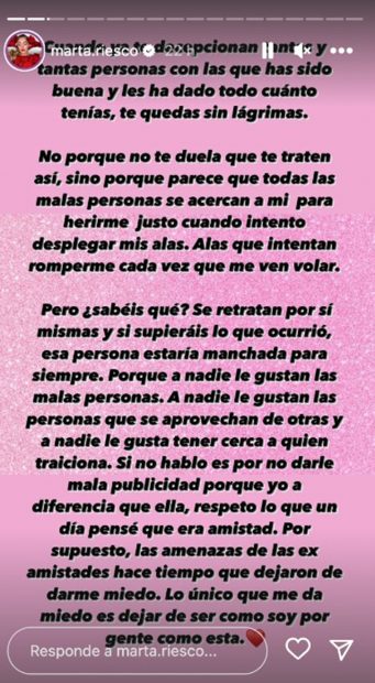 Storie de Marta Riesco hablando sobre su distanciamiento de Nuria de 'Modaresiliencia'. / Instagram