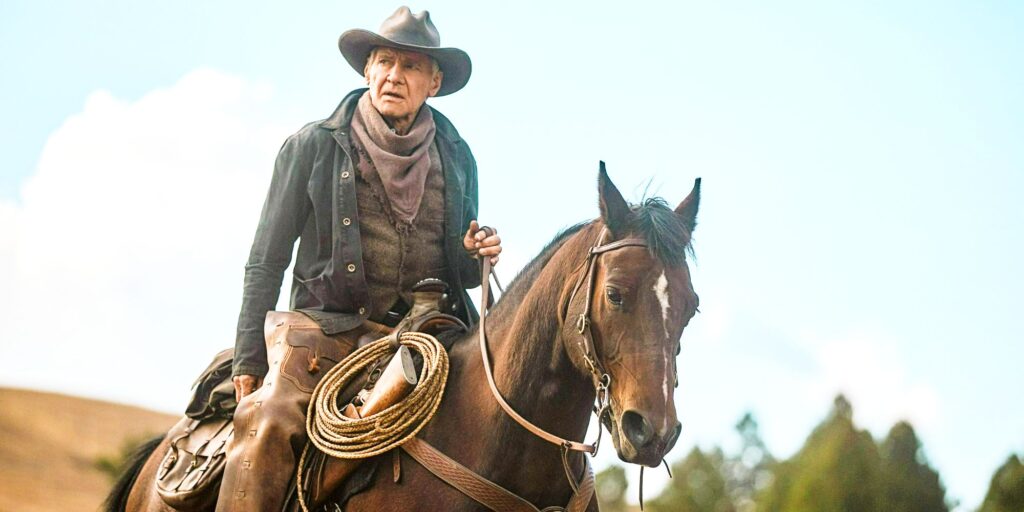 Harrison Ford as Jacob Dutton riding horse in 1923