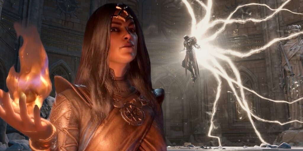 Diablo 4 Sorcerer in front of Inarius