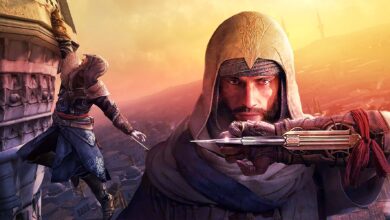 A close-up of Assassin's Creed Mirage protagonist Basim with his hidden blade extended in front of his face, superimposed on a background showing Basim hanging from the edge of a building above Baghdad.