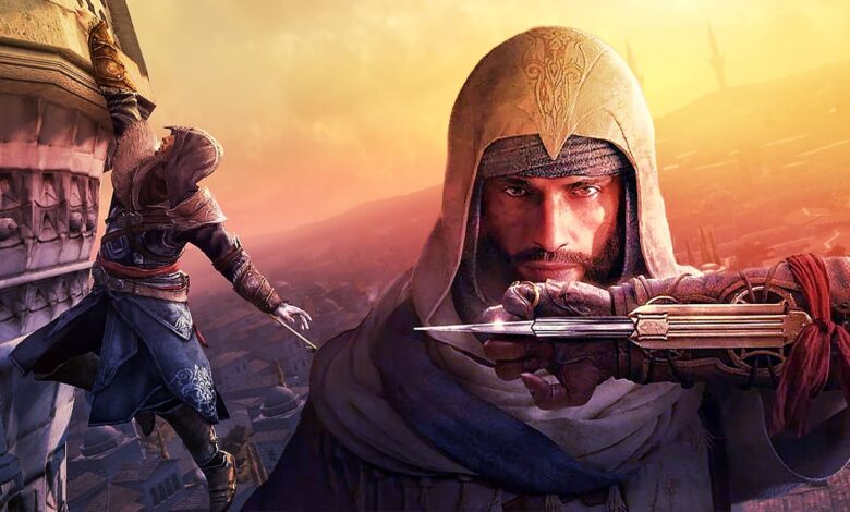 A close-up of Assassin's Creed Mirage protagonist Basim with his hidden blade extended in front of his face, superimposed on a background showing Basim hanging from the edge of a building above Baghdad.