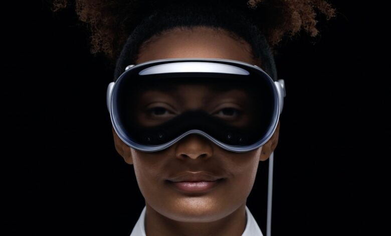 Apple Vision Pro with EyeSight engaged, showing the wearer's eyes