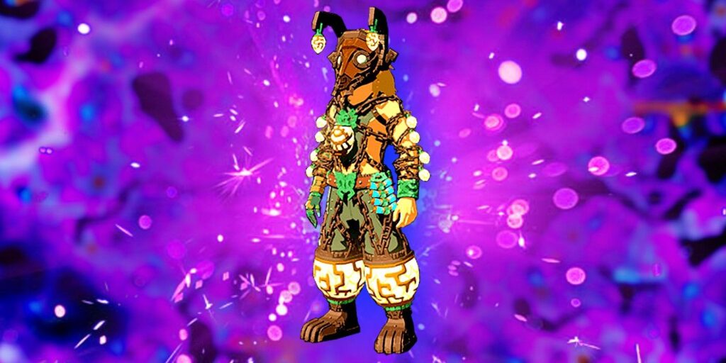 Zelda Tears of the Kingdom's Miner Armor set equipped on Link with purple and blue lights flashing behind him.