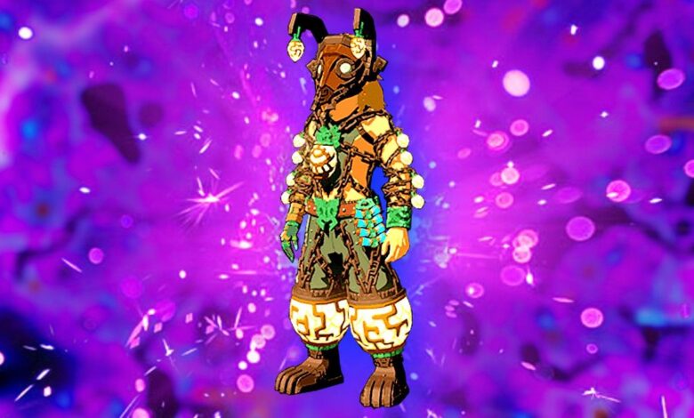 Zelda Tears of the Kingdom's Miner Armor set equipped on Link with purple and blue lights flashing behind him.