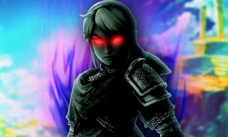 Zelda's Dark Link in TOTK with a dark purple flame behind him.