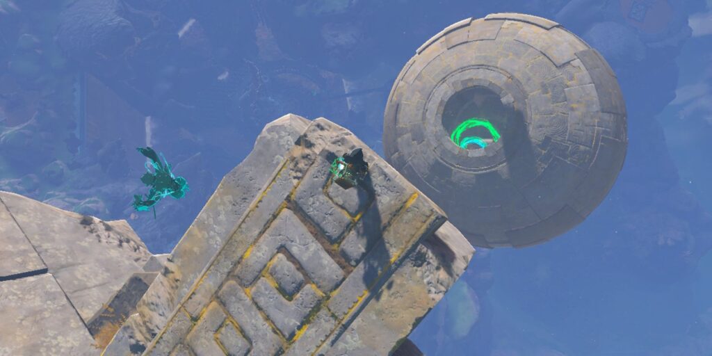 The Legend Of Zelda Tears Of The Kingdom Link Looking Down At Jirutagumac Shrine Inside Giant Floating Stone Sphere