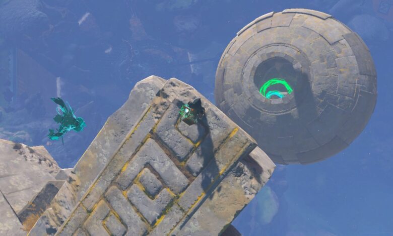 The Legend Of Zelda Tears Of The Kingdom Link Looking Down At Jirutagumac Shrine Inside Giant Floating Stone Sphere
