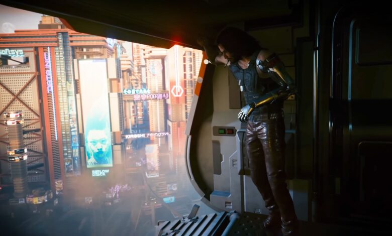 Johnny Silverhand in Cyberpunk 2077 Phantom Liberty, leaning against an open AV and smoking a cigarette.
