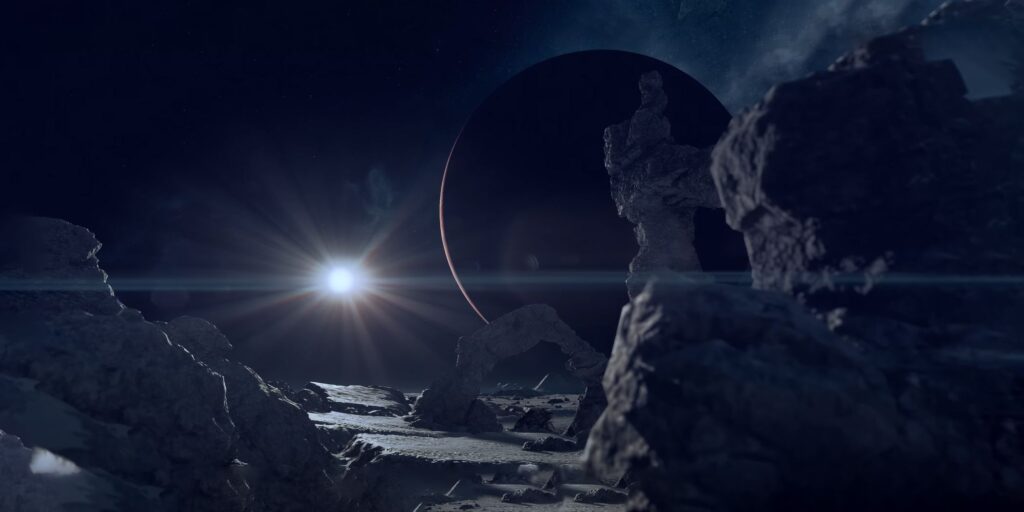 A barren landscape with a dark moon and shining sun on the horizon.