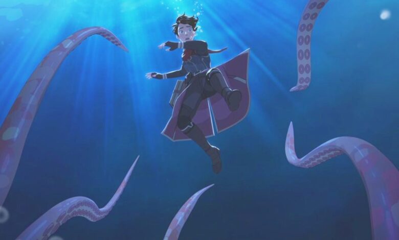 The Dragon Prince Season 5 Poster Header Callum being pursued by tentacles underwater