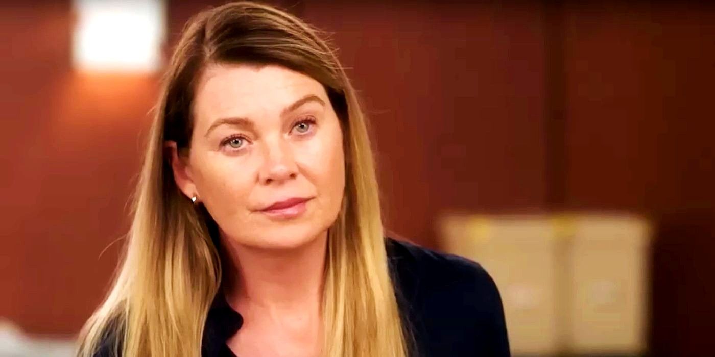 Ellen Pompeo as Meredith Grey looking serious in Grey's Anatomy season 19