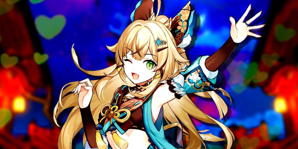 Genshin Impact's Kirara poses in the middle with green hearts behind her.