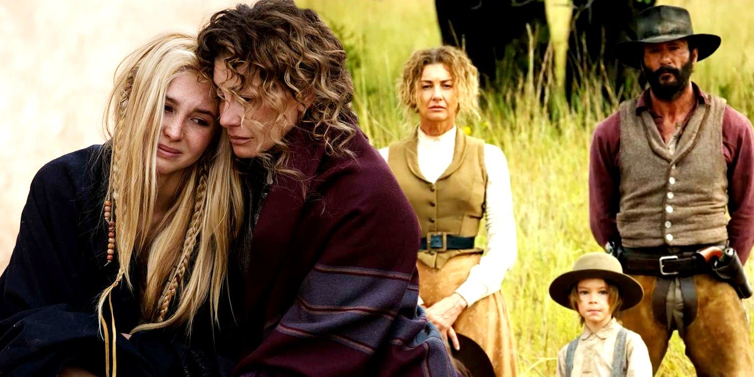 Blended image of Elsa Dutton crying and the Dutton family posing in 1883