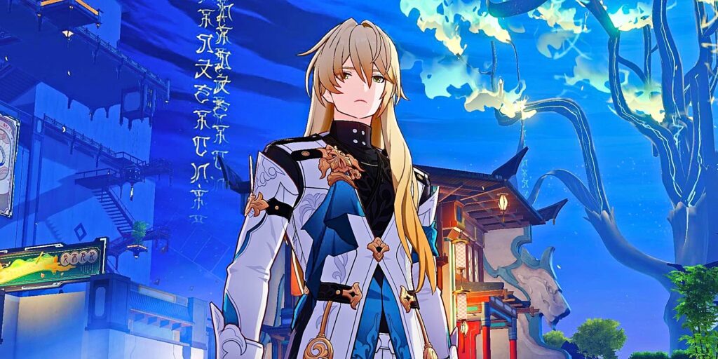 Honkai Star Rail's Luocha stands in the Xianzhou Luofu at night.