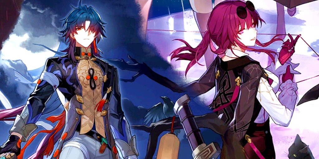 A collage of Honkai: Star Rail's Blade posing on the left and Kafka adjusting her glove on the right.