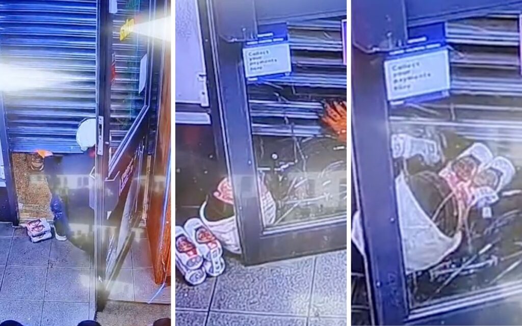 Ladrón queda atorado bajo la persiana de una tienda y decide tomarse unas cervezas | Video