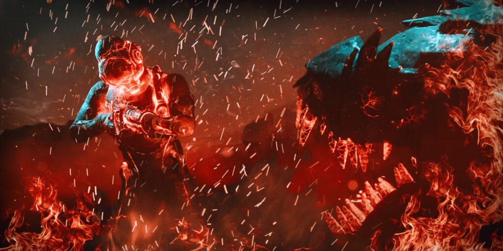 A flaming vignette of a The Outer Worlds character pointing a gun at a gaping maw as shown in the Avowed trailer.