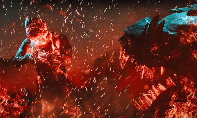 A flaming vignette of a The Outer Worlds character pointing a gun at a gaping maw as shown in the Avowed trailer.
