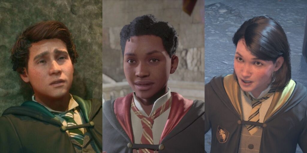 An vertically spliced image showing Hogwarts Legacy's companions side-by-side: Sebastian looking devastated, Natsai looking worried, and Poppy looking surprised.