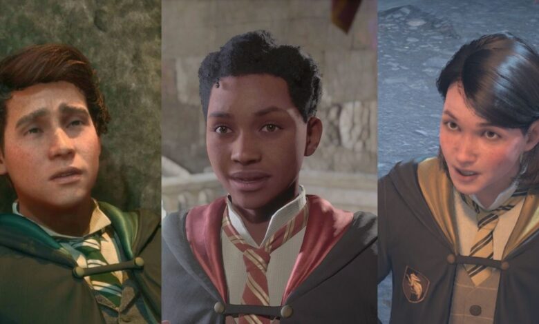 An vertically spliced image showing Hogwarts Legacy's companions side-by-side: Sebastian looking devastated, Natsai looking worried, and Poppy looking surprised.