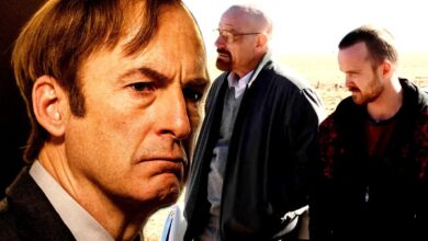 Blended image of Saul Goodman and Walter White and Jesse Pinkman waiting at the car in Breaking Bad
