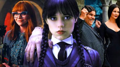 Christina Ricci, Jenna Ortega, Luis Guzman, and Catherine Zeta-Jones in Wednesday season 1