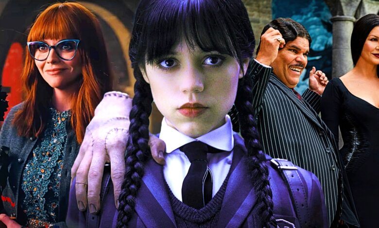 Christina Ricci, Jenna Ortega, Luis Guzman, and Catherine Zeta-Jones in Wednesday season 1