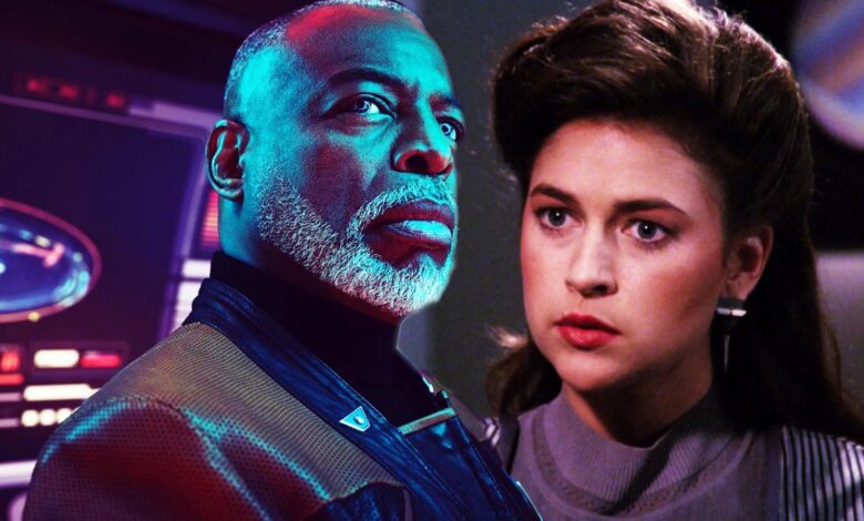 LeVar Burton as Geordi La Forge and Susan Gibney as Dr. Leah Brahms