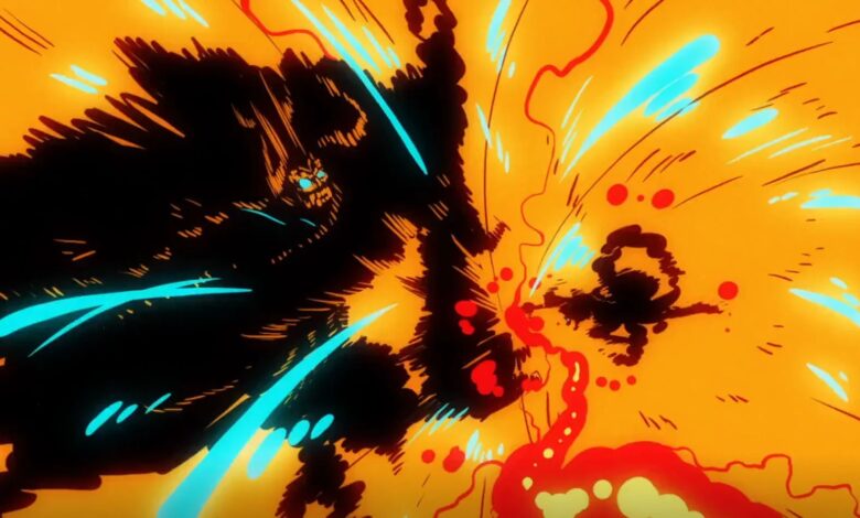Screenshot from One Piece anime #1028 shows an impact frame of Kaido and Luffy clashing with Luffy's silhouette resembling his Fifth Gear transformation.