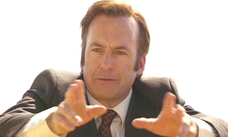 Bob Odenkirk as Saul Goodman in Better Call Saul in the middle of explaining something to some idiots