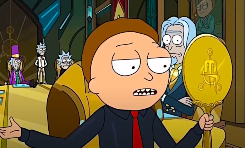 Evil Morty in Rick and Morty season 5 looking at himself in a hand mirror while delivering a speech to a room full of Ricks.