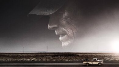 The Mule poster with Clint Eastwood's face in profile above a driving car.