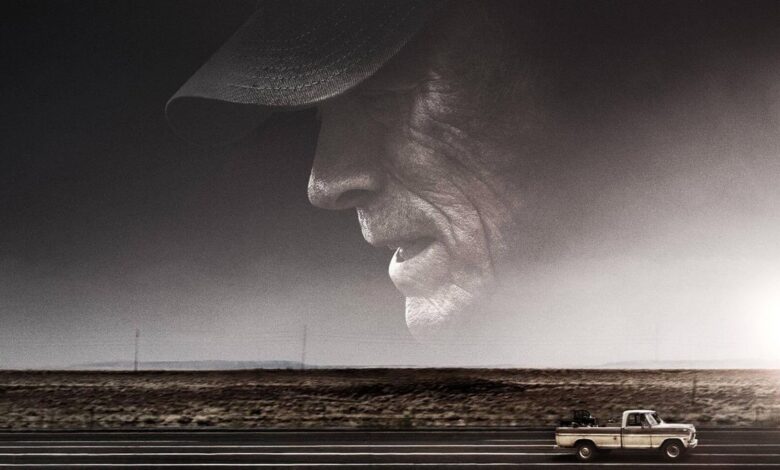 The Mule poster with Clint Eastwood's face in profile above a driving car.