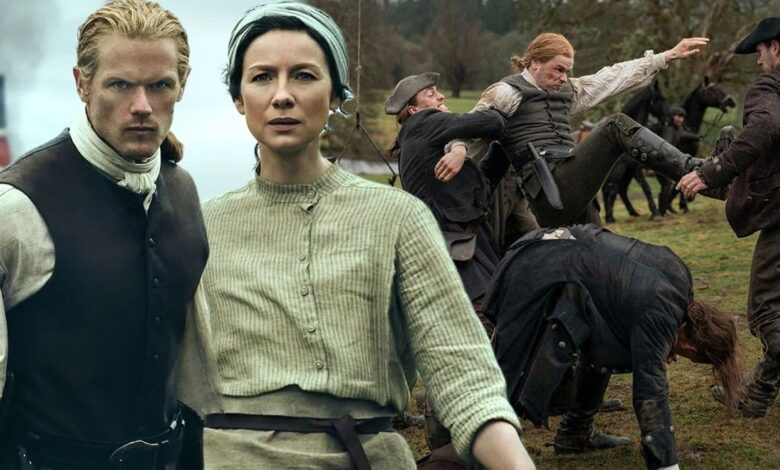 An image of Jamie and Claire and men fighting in Outlander