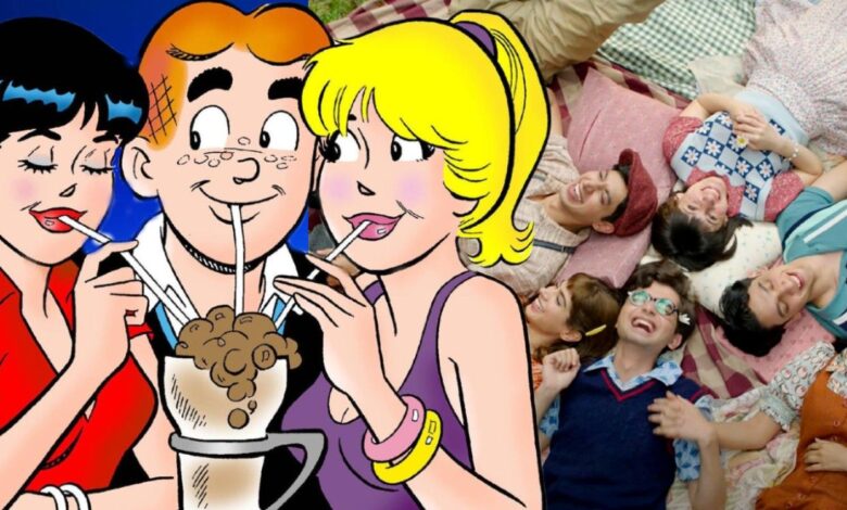 An image of Archie, Veronica, and Betty drinking a milkshake and the cast of the Archies sitting together