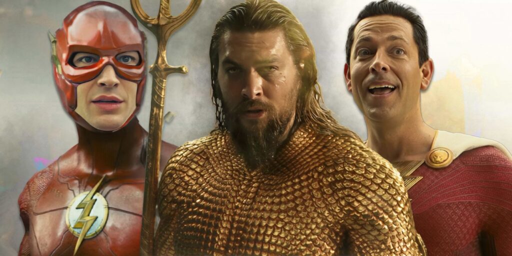 Ezra Miller Flash Jason Momoa Aquaman and Zachary Levi Shazam