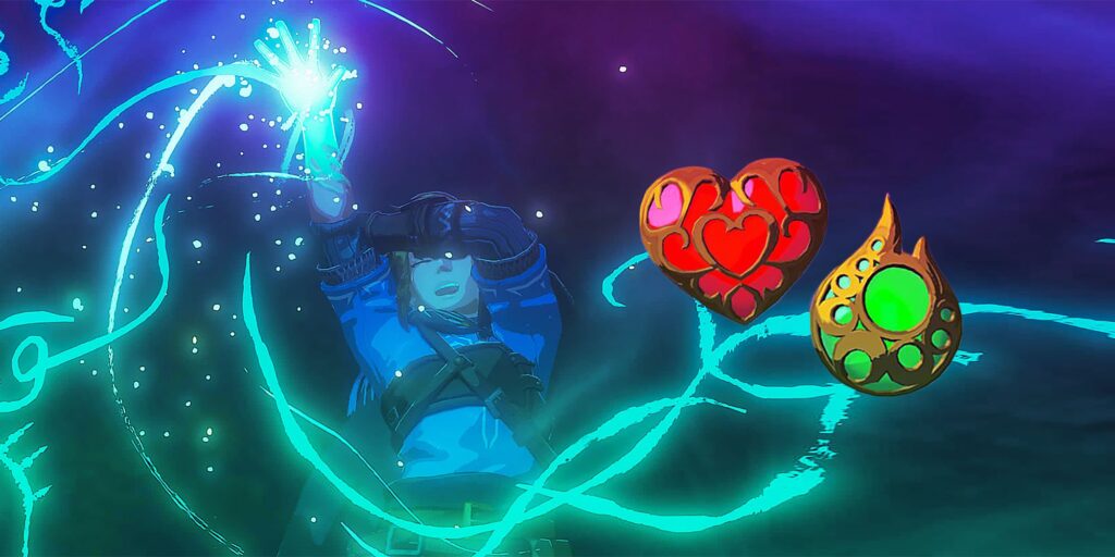 Link holding his outstretched right arm, with a Heart Container and Stamina Vessel to the right of him.