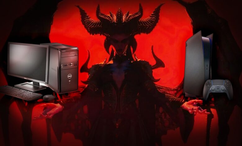 Main diablo 4 lilith image with hands outstretched and a PC and console balanced one each