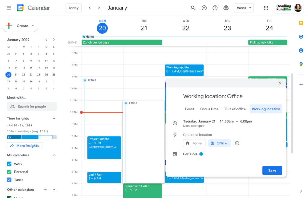 Google Calendar ahora permite a los usuarios especificar desde dónde están trabajando a lo largo del día