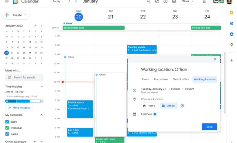 Google Calendar ahora permite a los usuarios especificar desde dónde están trabajando a lo largo del día