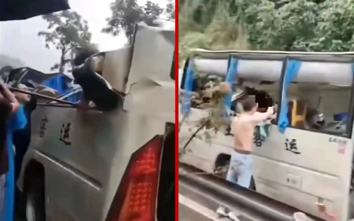 Momento exacto en el que caen rocas sobre un autobús de pasajeros en China | Video