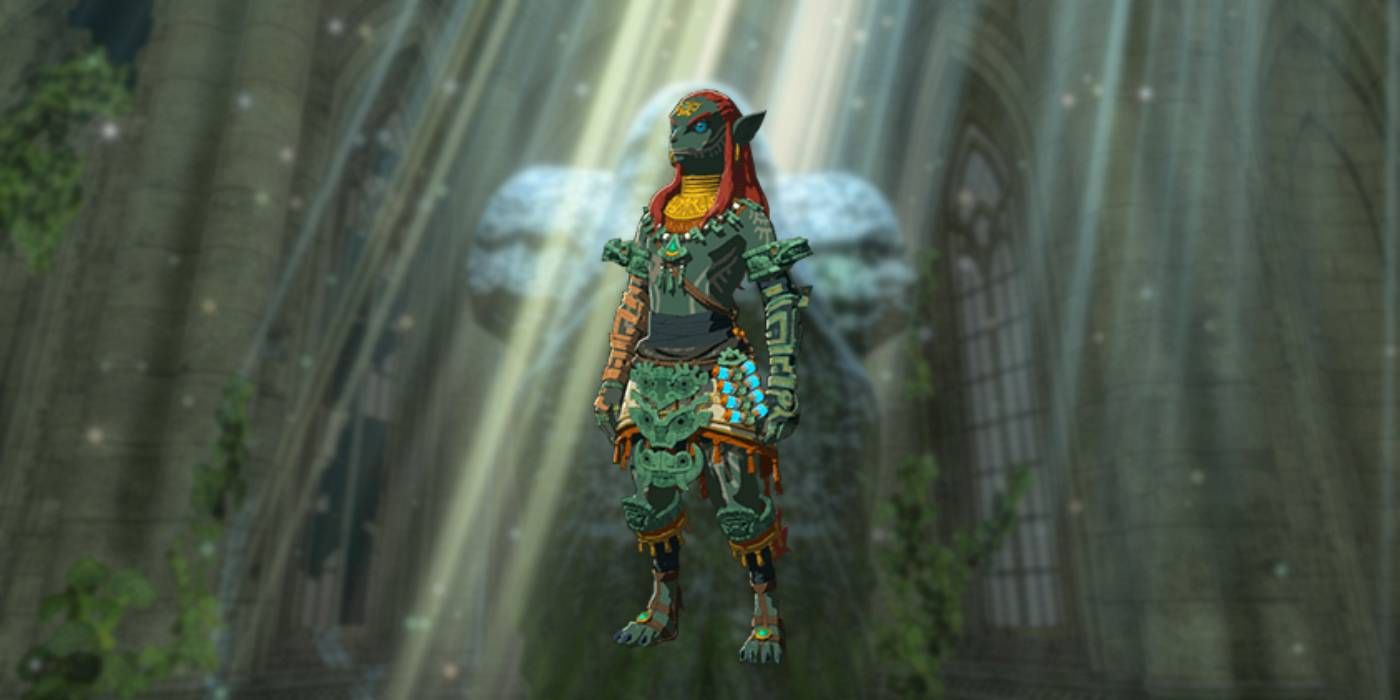 Link vistiendo la armadura Aspecto del Héroe Antiguo de Tears of the Kingdom contra una imagen de fondo de una Estatua de la Diosa.