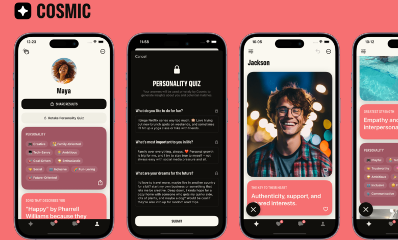 La aplicación de citas gratuita Cosmic utiliza cuestionarios de personalidad para crear un perfil para ti