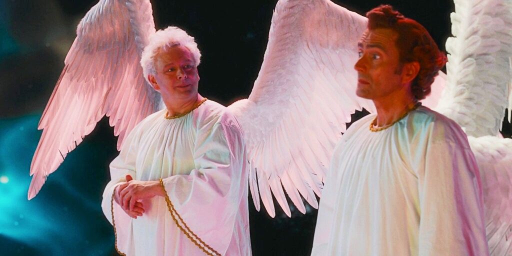 El arte de Good Omens muestra a Azirafel y Crowley en un momento de dicha angelical