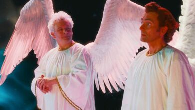 El arte de Good Omens muestra a Azirafel y Crowley en un momento de dicha angelical