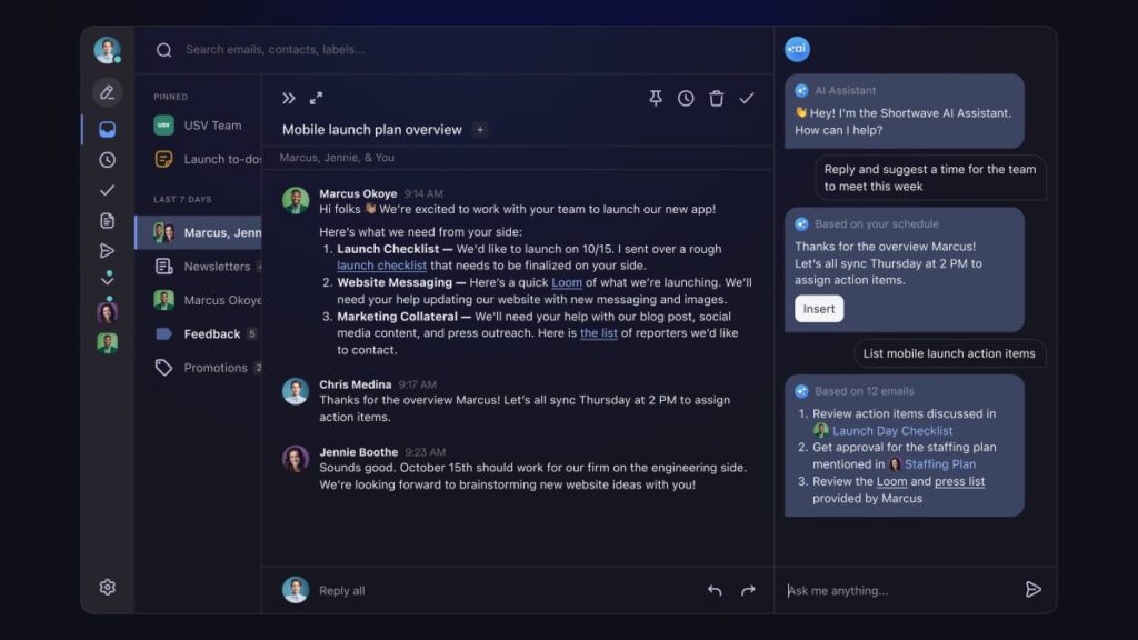 El asistente con tecnología de inteligencia artificial de Shortwave le permite hacer preguntas sobre su historial de correo electrónico