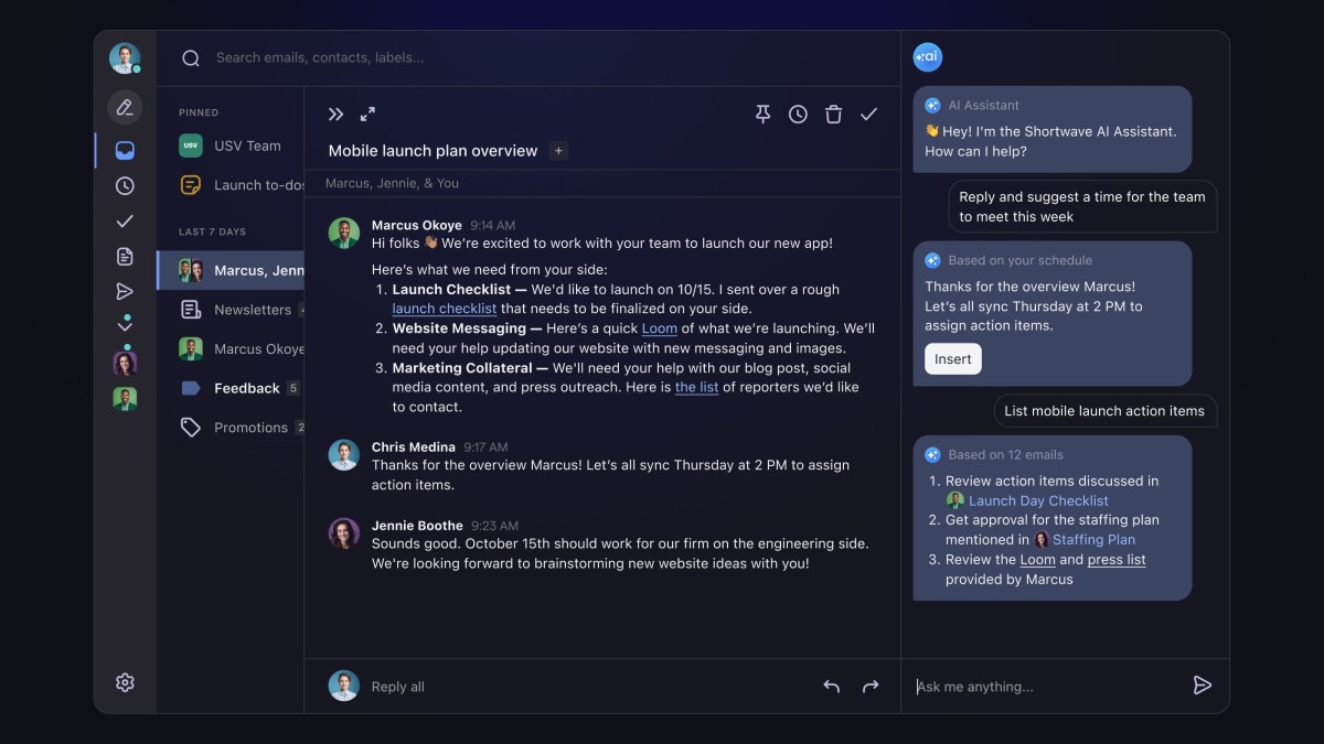 El asistente con tecnología de inteligencia artificial de Shortwave le permite hacer preguntas sobre su historial de correo electrónico