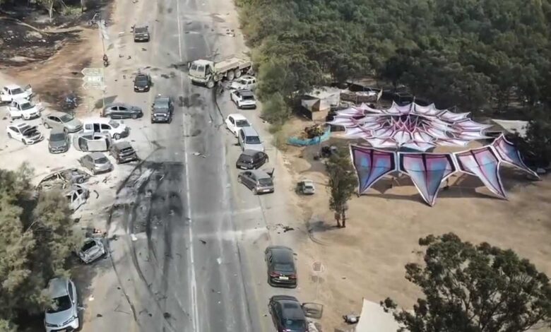 Imágenes de drones israelíes muestran efectos del ataque de Hamás a una fiesta electrónica que dejó 260 muertos